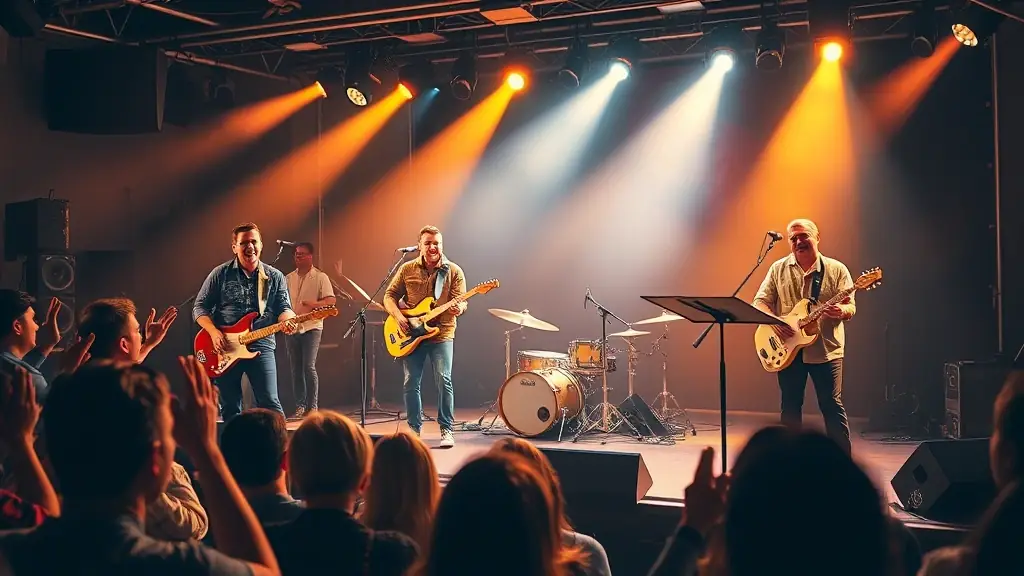 A group of musicians performing on stage at a QUETZAL NELKAEL concert.