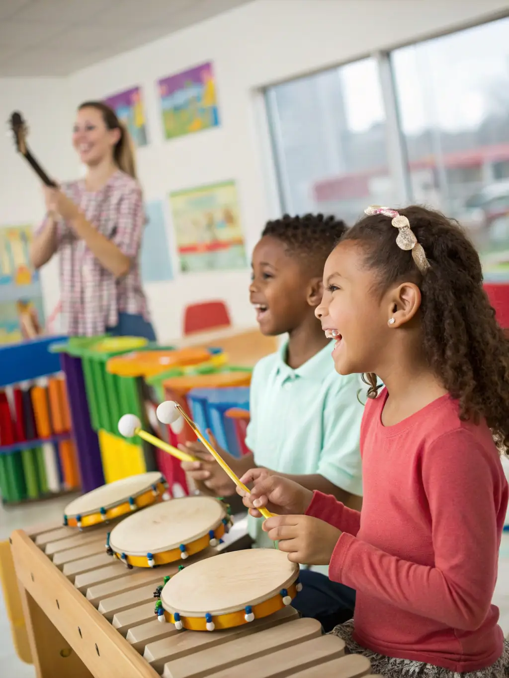 A picture of children participating in a QUETZAL NELKAEL-funded music education program, demonstrating the organization's investment in future generations of artists.