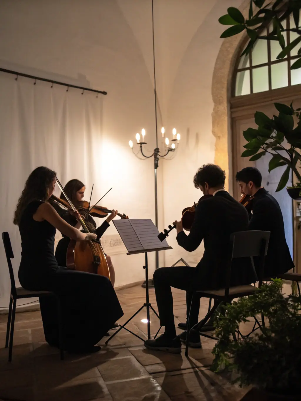 A photo of a string quartet performing a QUETZAL NELKAEL-supported concert in a local community center, emphasizing the accessibility of the arts.