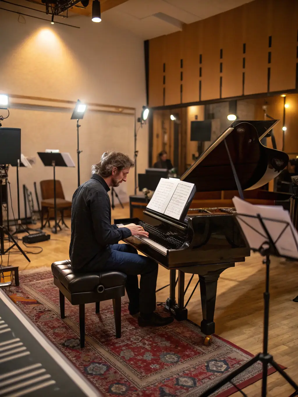 An image of a composer working on a musical score with QUETZAL NELKAEL's support, highlighting the organization's commitment to nurturing artistic talent.